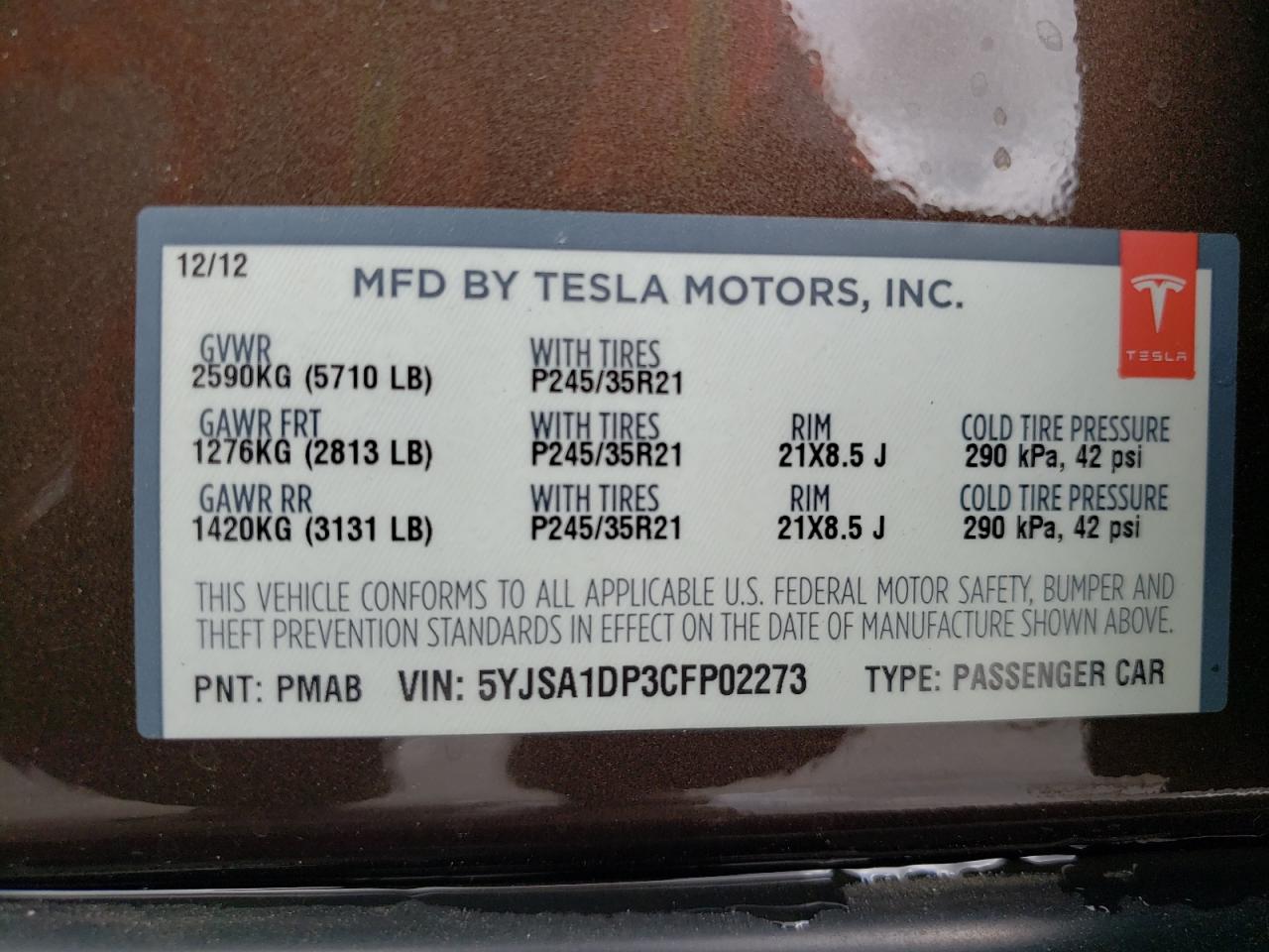 Photo 10 from auction – 2012 TESLA MODEL S with VIN 5YJSA1DP3CFP02273