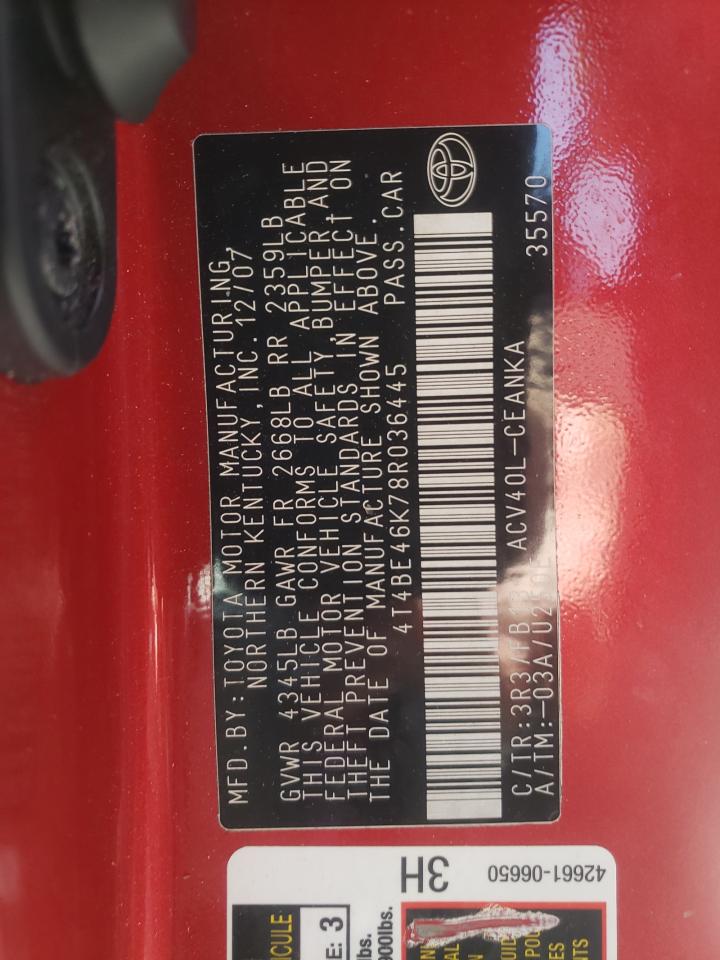 Photo 10 from auction – 2008 TOYOTA CAMRY CE with VIN 4T4BE46K78R036445