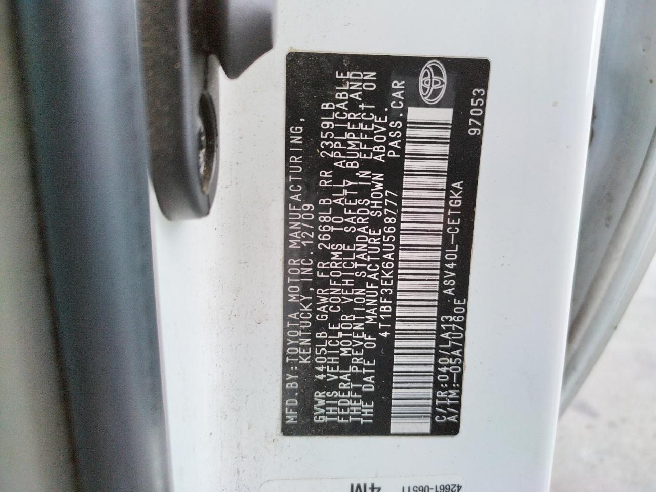 Photo 10 from auction – 2010 TOYOTA CAMRY BASE with VIN 4T1BF3EK6AU568777