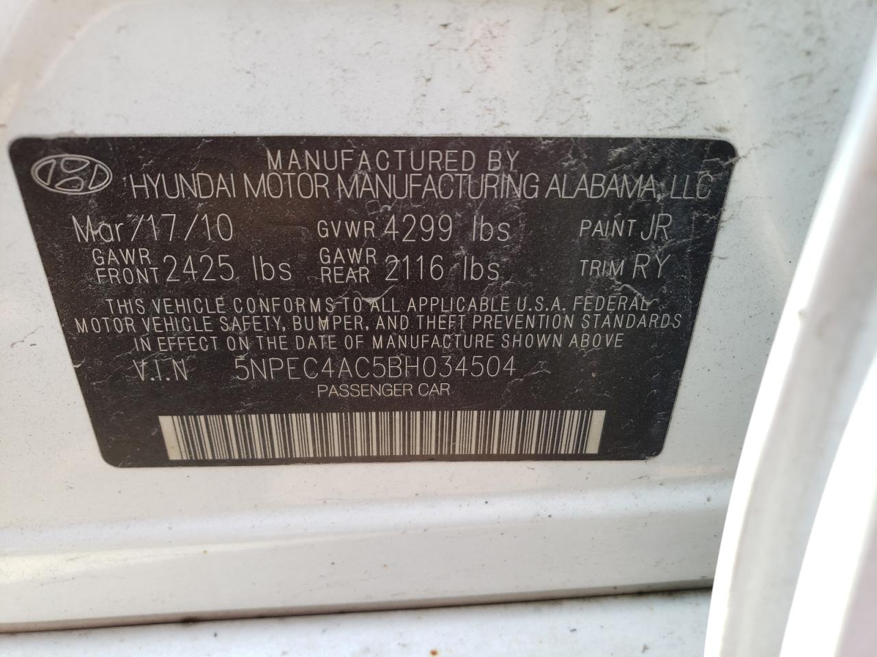 Photo 10 from auction – 2011 HYUNDAI SONATA SE with VIN 5NPEC4AC5BH034504