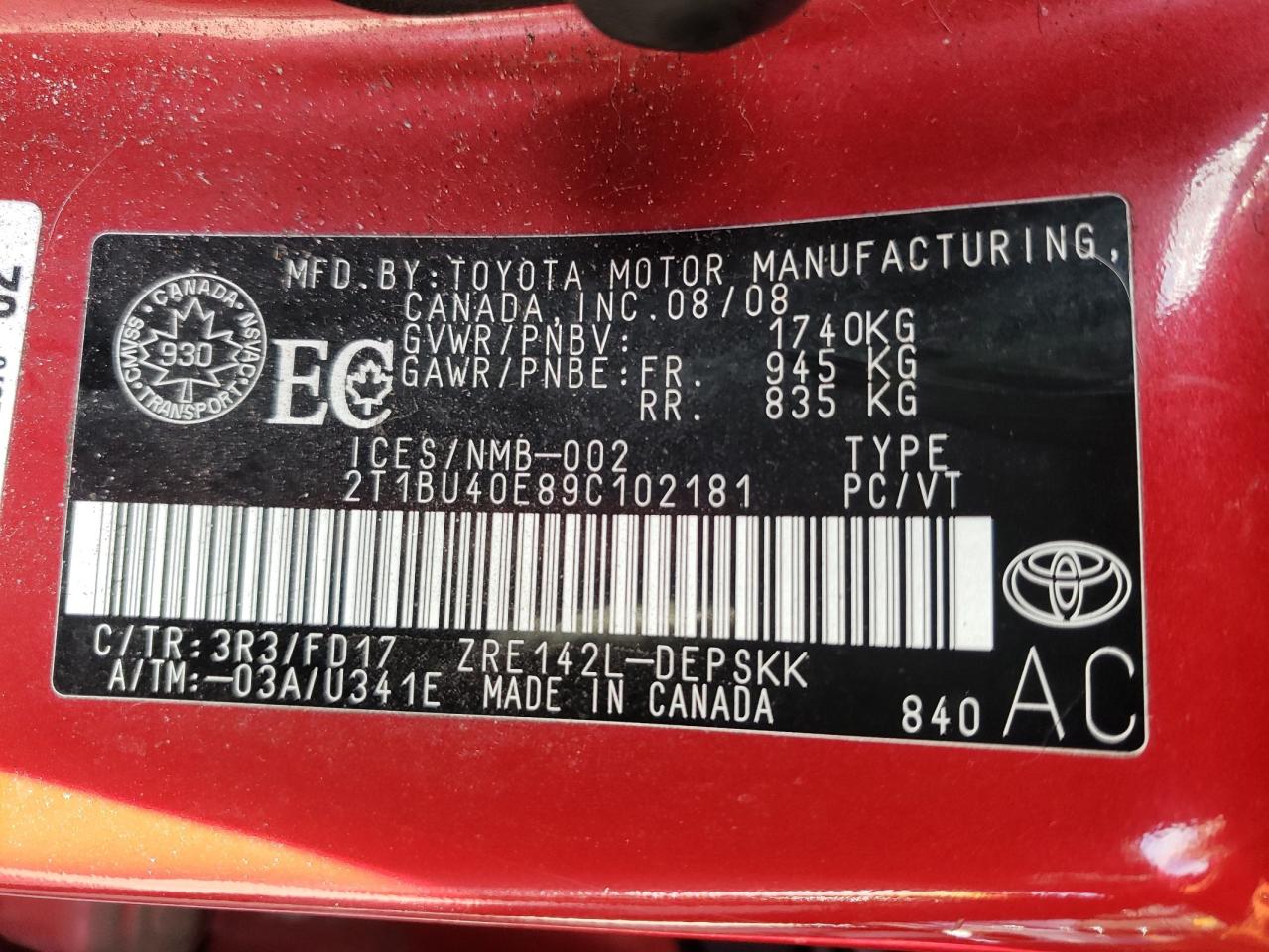 Photo 10 from auction – 2009 TOYOTA COROLLA BA with VIN 2T1BU40E89C102181