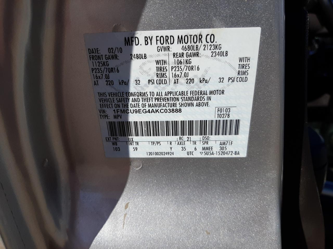 Photo 10 from auction – 2010 FORD ESCAPE LIM with VIN 1FMCU9EG4AKC03888