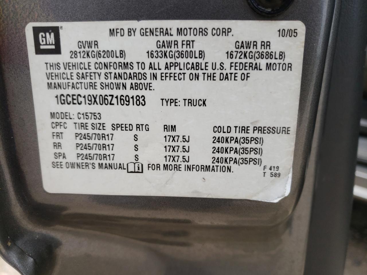 Photo 10 from auction – 2006 CHEVROLET SILVERADO with VIN 1GCEC19X06Z169183