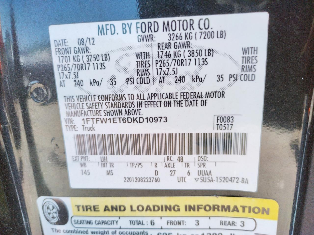 Photo 10 from auction – 2013 FORD F150 SUPER with VIN 1FTFW1ET6DKD10973