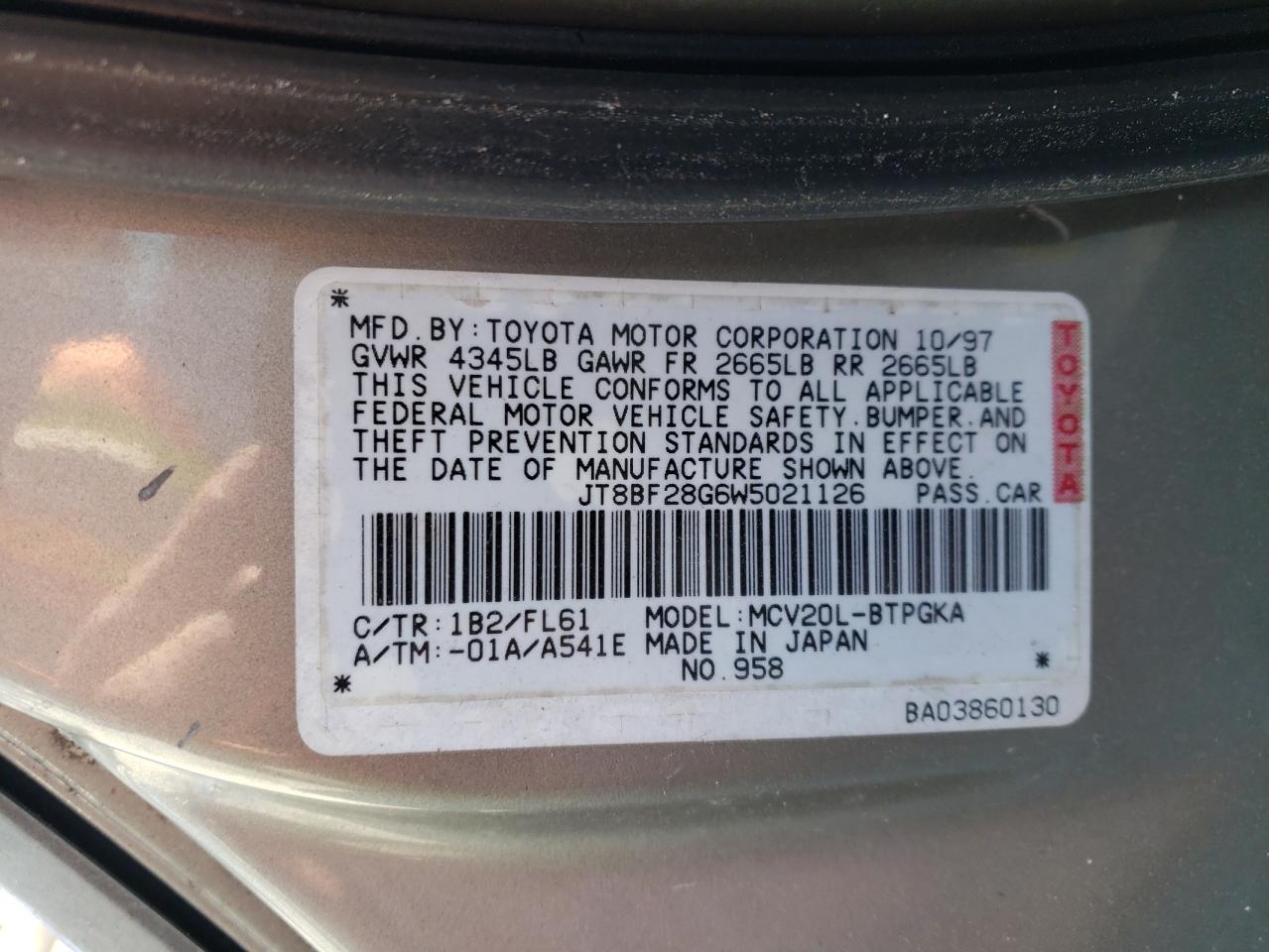 Photo 10 from auction – 1998 LEXUS ES 300 with VIN JT8BF28G6W5021126
