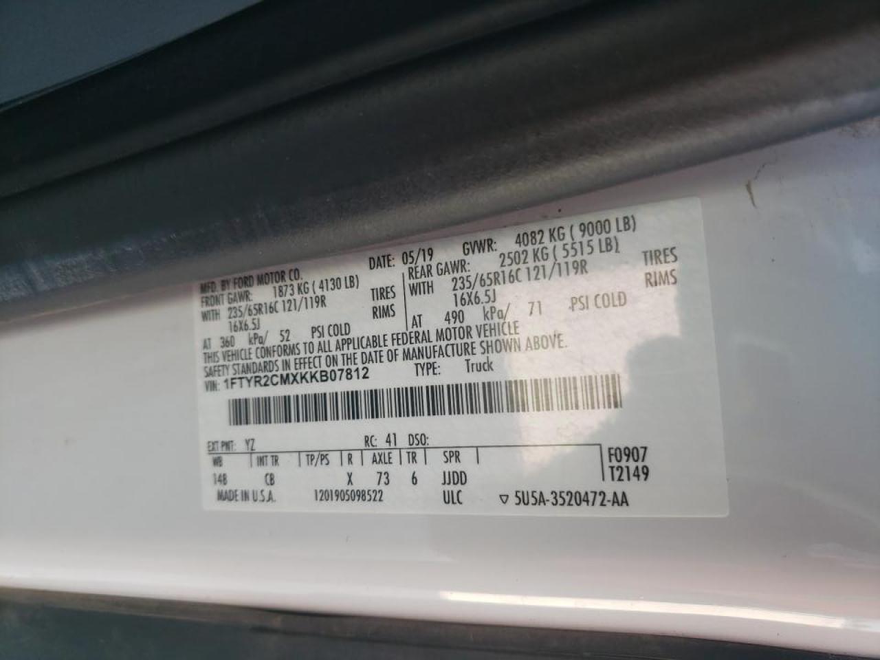 Photo 10 from auction – 2019 FORD TRANSIT T- with VIN 1FTYR2CMXKKB07812