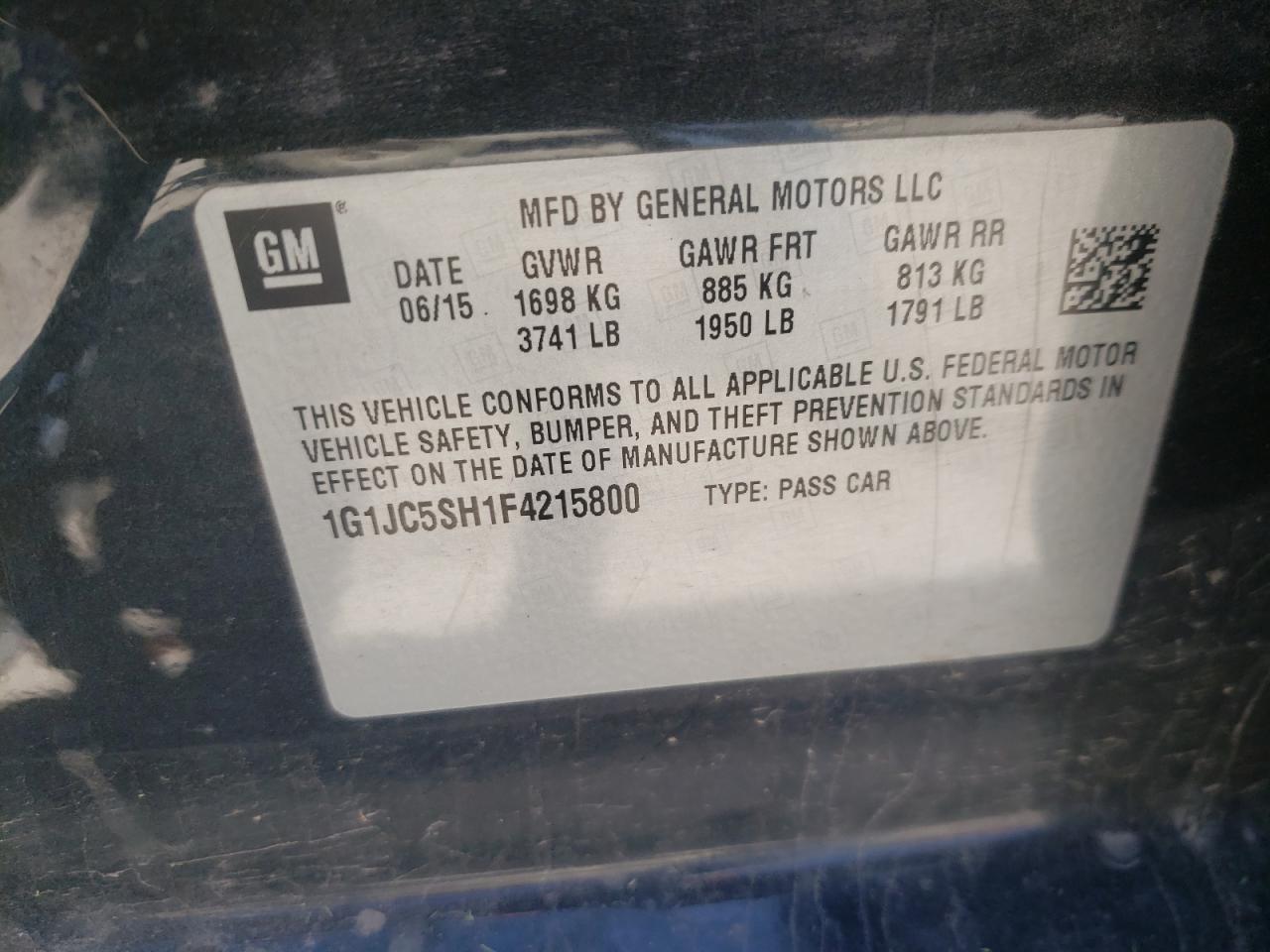Photo 11 from auction – 2015 CHEVROLET SONIC LT with VIN 1G1JC5SH1F4215800