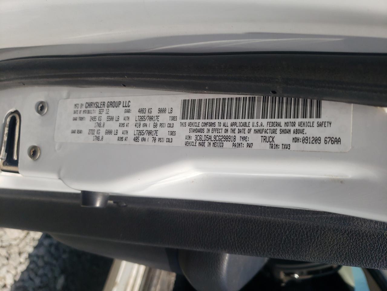 Photo 10 from auction – 2012 DODGE RAM 2500 S with VIN 3C6LD5AL9CG298918