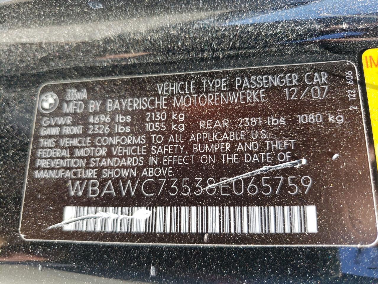 Photo 10 from auction – 2008 BMW 335 XI with VIN WBAWC73538E065759