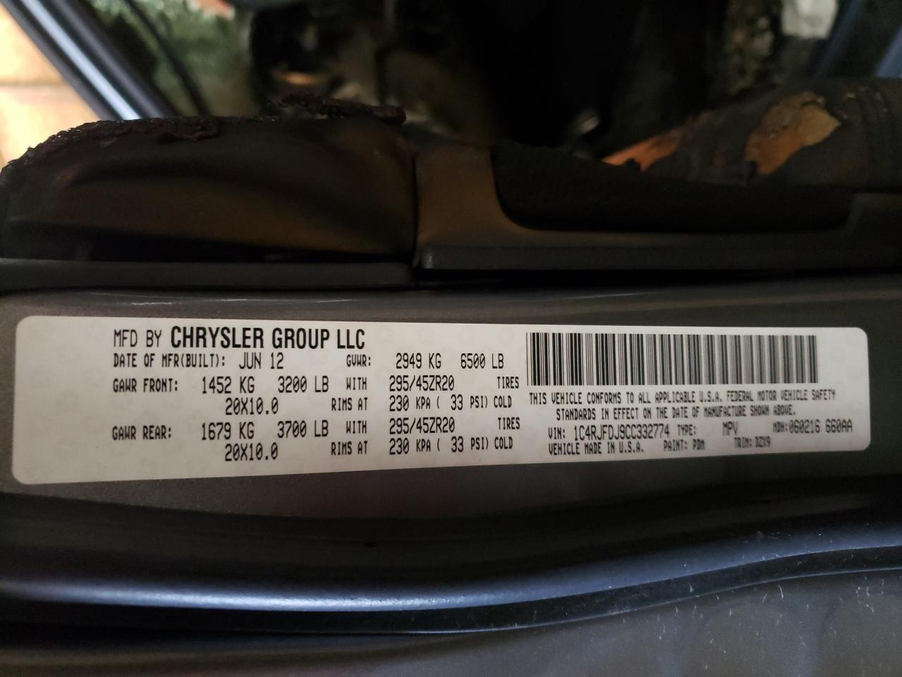 Photo 11 from auction – 2012 JEEP GRAND CHER with VIN 1C4RJFDJ9CC332774