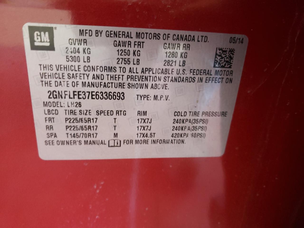 Photo 10 from auction – 2014 CHEVROLET EQUINOX LT with VIN 2GNFLFE37E6336693