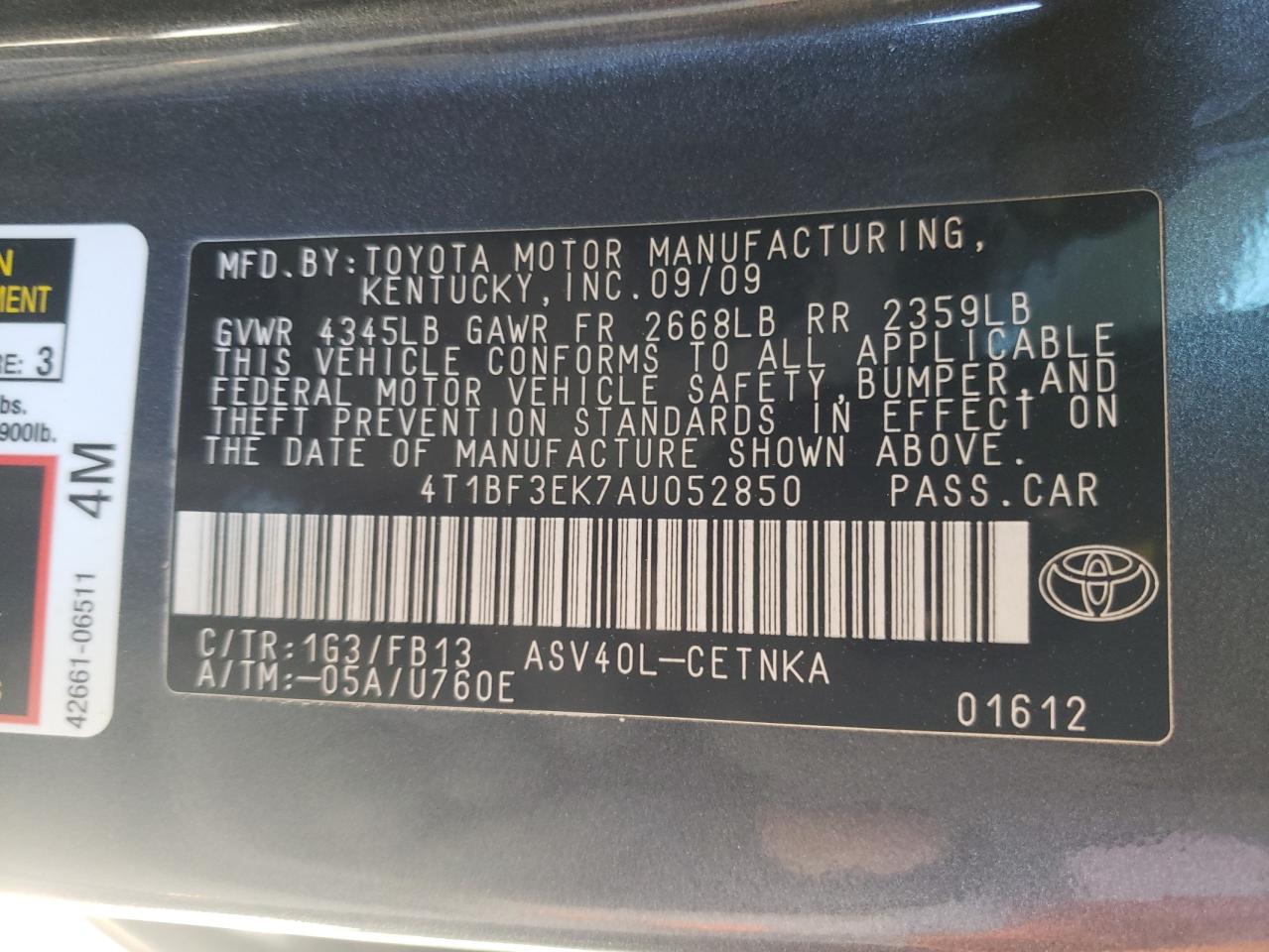 Photo 10 from auction – 2010 TOYOTA CAMRY BASE with VIN 4T1BF3EK7AU052850