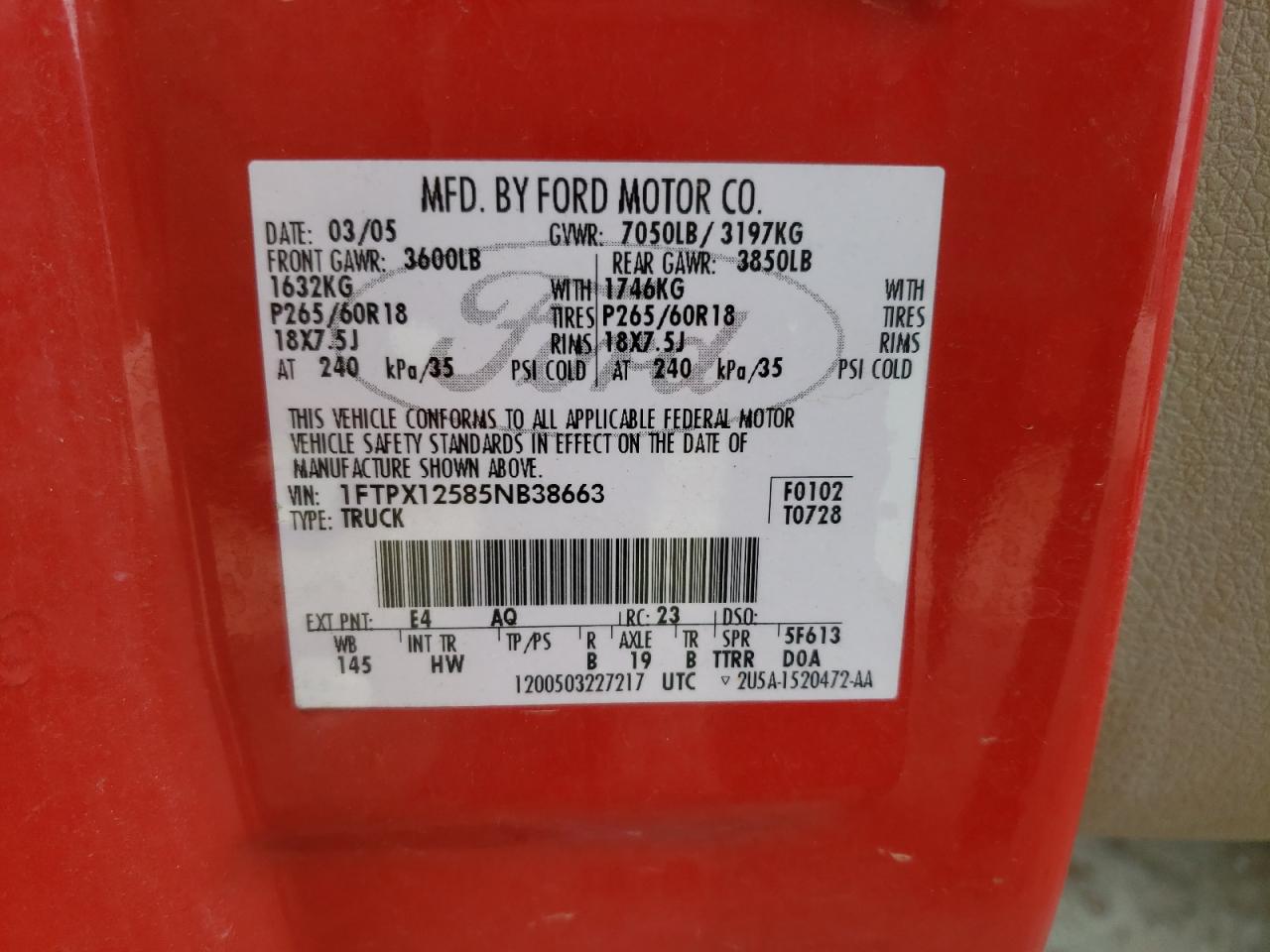 Photo 10 from auction – 2005 FORD F150 with VIN 1FTPX12585NB38663