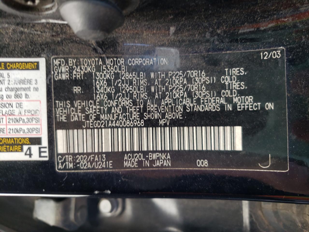 Photo 10 from auction – 2004 TOYOTA HIGHLANDER with VIN JTEGD21A440086968
