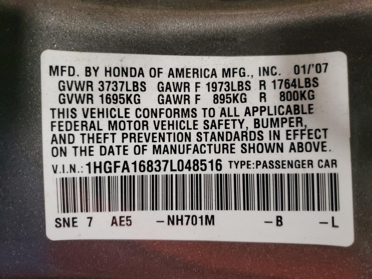 Photo 10 from auction – 2007 HONDA CIVIC EX with VIN 1HGFA16837L048516
