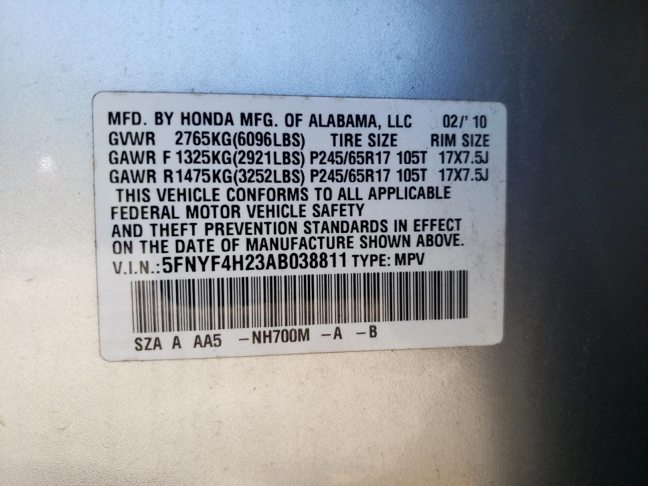Photo 10 from auction – 2010 HONDA PILOT LX with VIN 5FNYF4H23AB038811