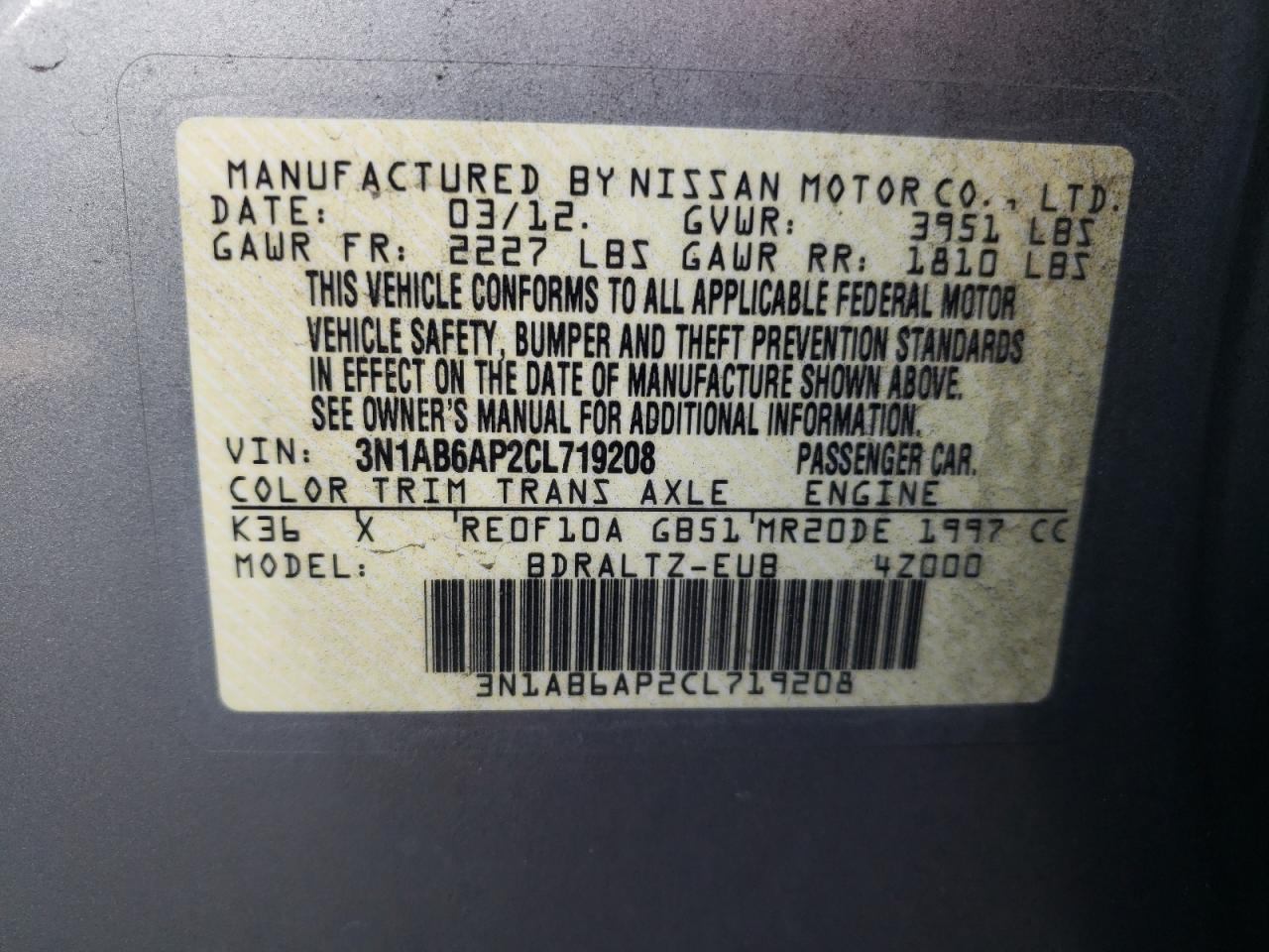 Photo 10 from auction – 2012 NISSAN SENTRA 2.0 with VIN 3N1AB6AP2CL719208