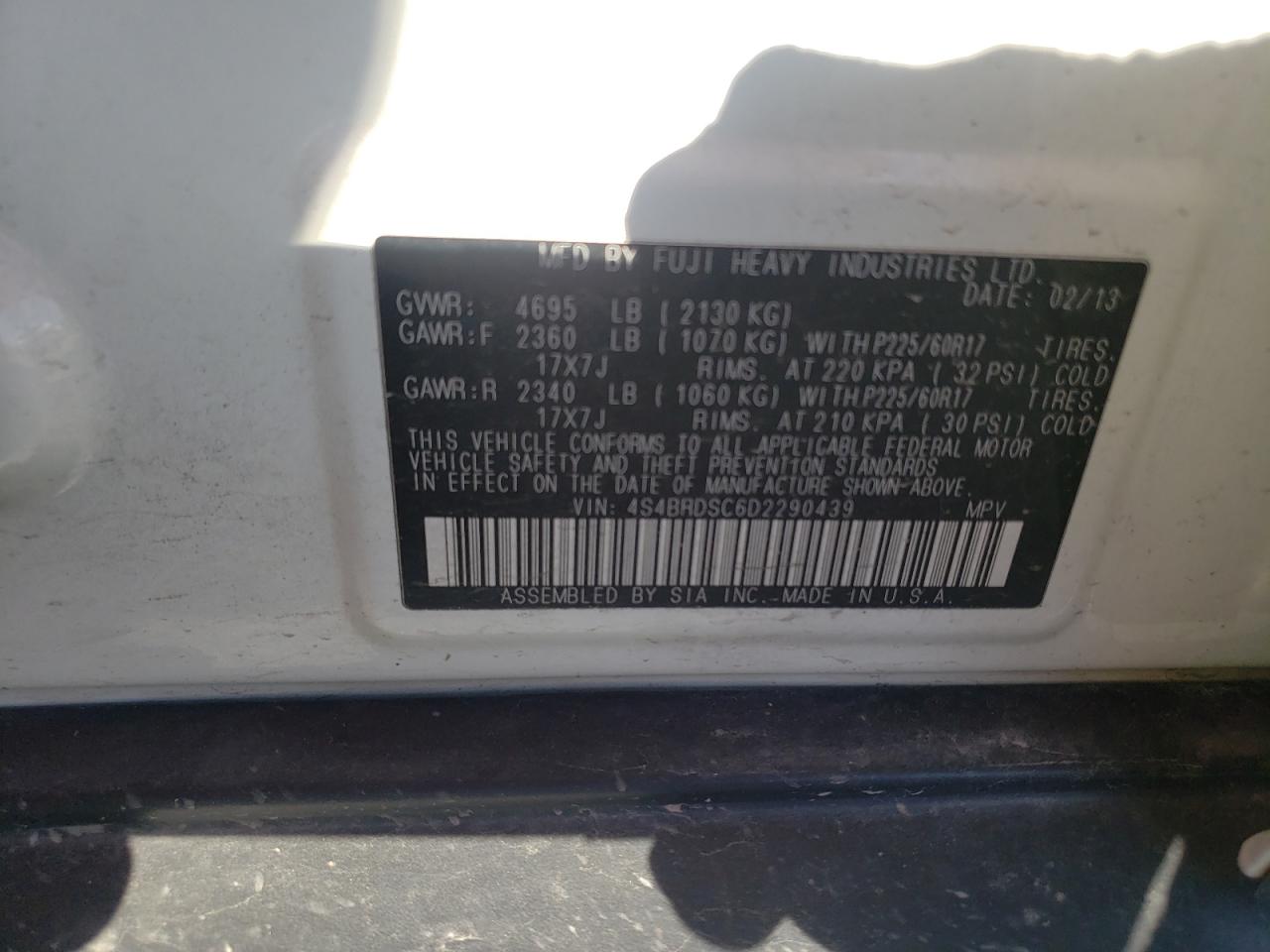 Photo 10 from auction – 2013 SUBARU OUTBACK 3. with VIN 4S4BRDSC6D2290439