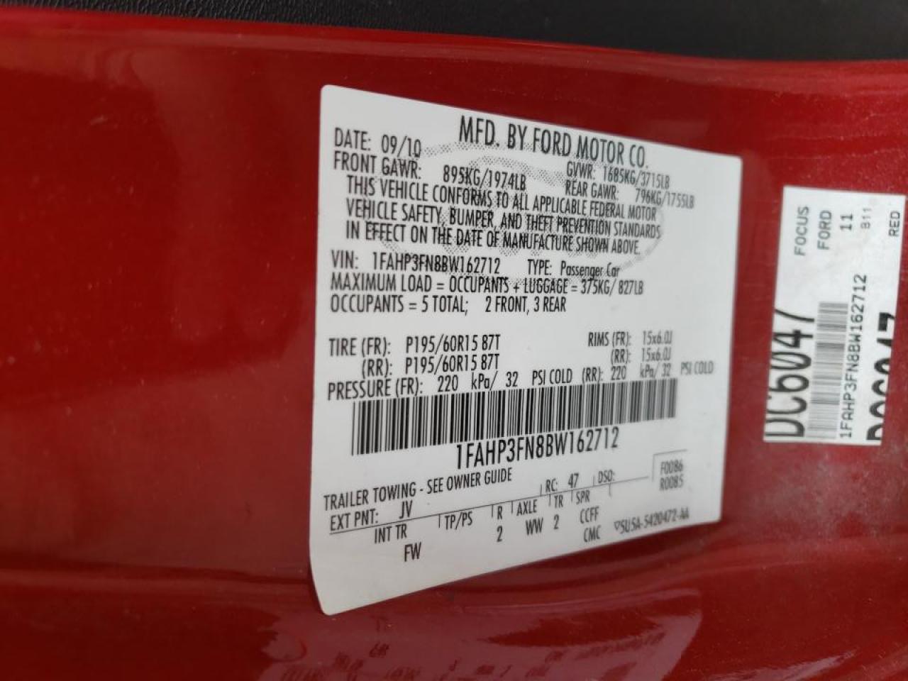 Photo 10 from auction – 2011 FORD FOCUS SE with VIN 1FAHP3FN8BW162712