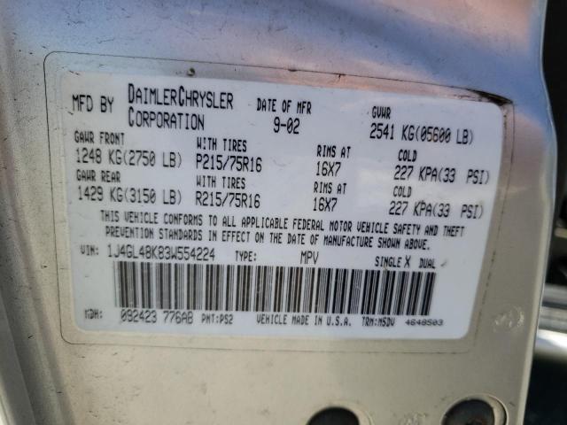 Photo 10 from auction – 2003 JEEP LIBERTY SP with VIN 1J4GL48K83W554224
