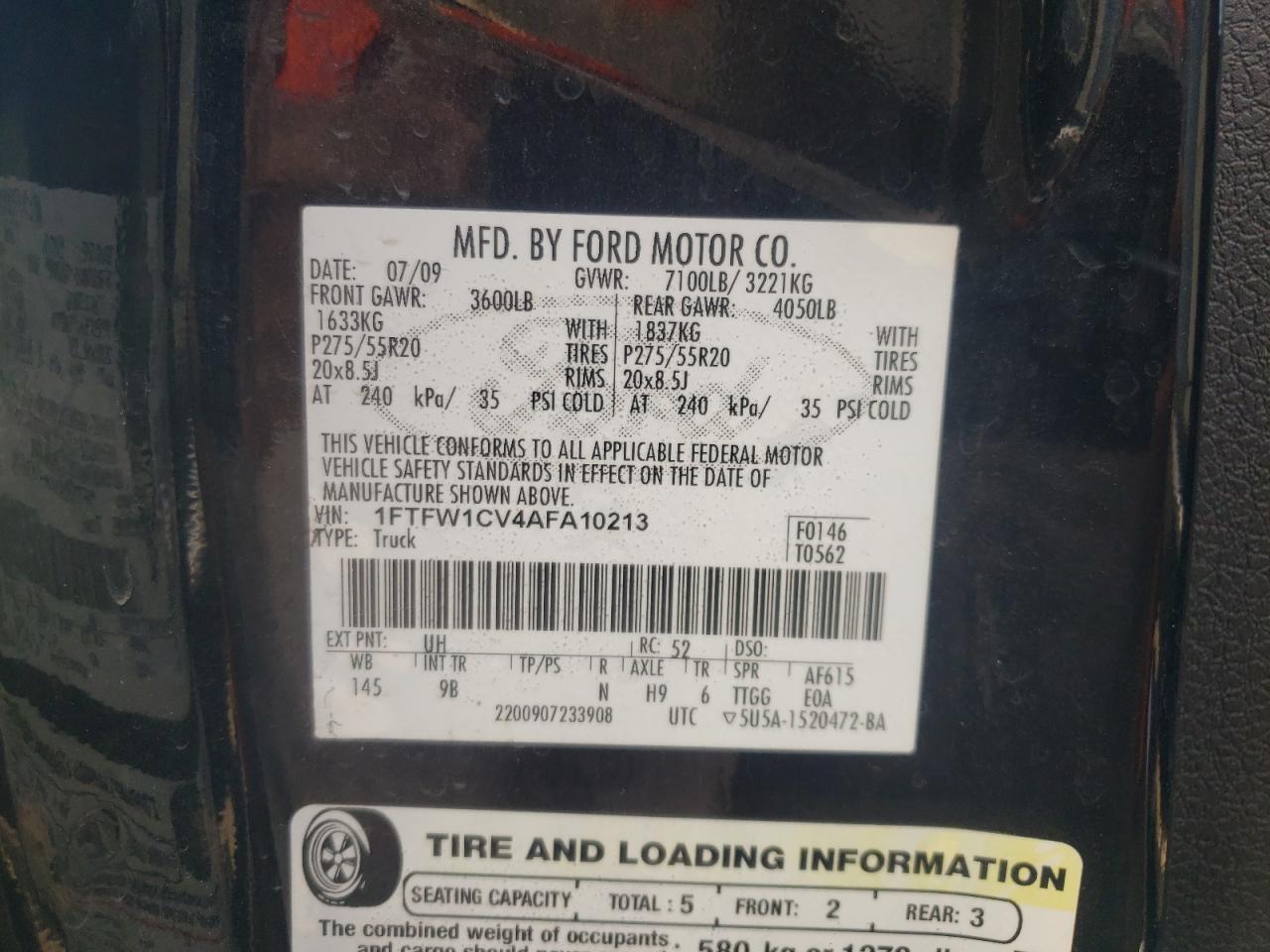 Photo 20 from auction – 2010 FORD F150 SUPER with VIN 1FTFW1CV4AFA10213