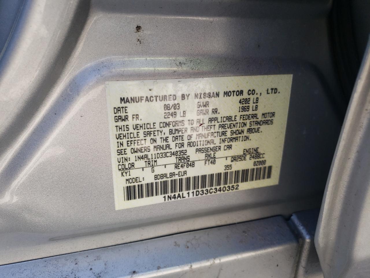 Photo 10 from auction – 2003 NISSAN ALTIMA BAS with VIN 1N4AL11D33C340352