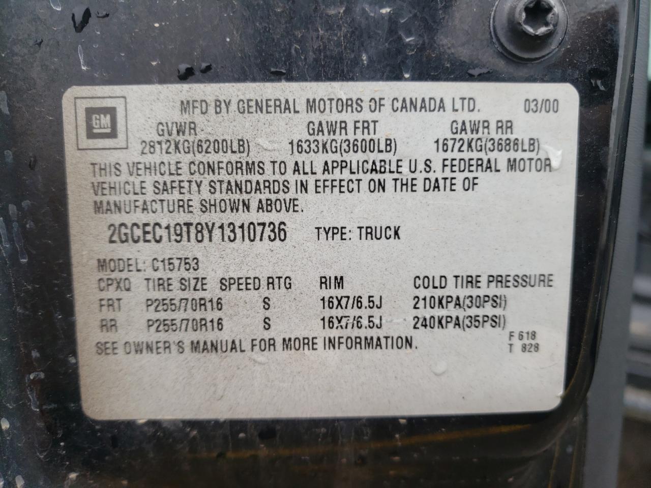 Photo 10 from auction – 2000 CHEVROLET SILVERADO with VIN 2GCEC19T8Y1310736