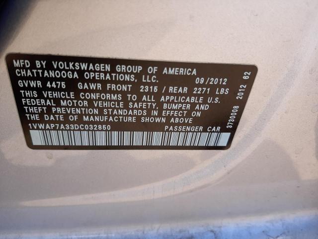 Photo 10 from auction – 2013 VOLKSWAGEN PASSAT S with VIN 1VWAP7A33DC032850