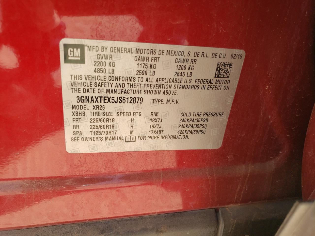 Photo 10 from auction – 2018 CHEVROLET EQUINOX LT with VIN 3GNAXTEX5JS612879