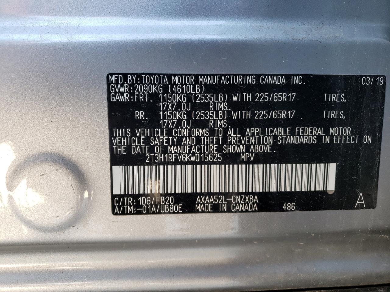 Photo 10 from auction – 2019 TOYOTA RAV4 LE with VIN 2T3H1RFV6KW015625