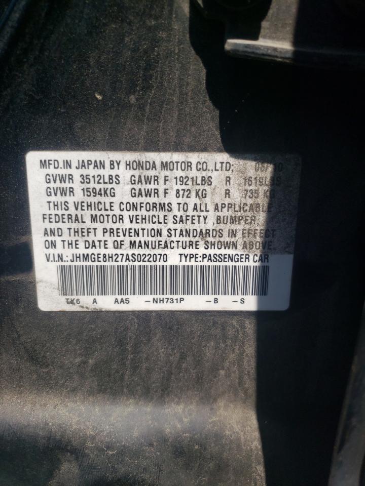 Photo 10 from auction – 2010 HONDA FIT with VIN JHMGE8H27AS022070
