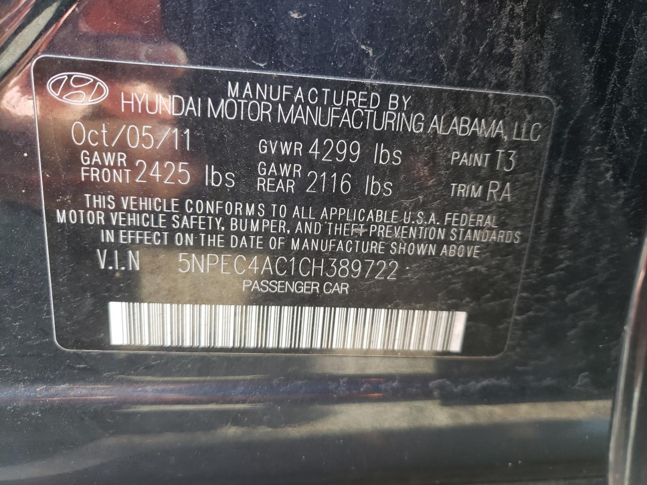 Photo 10 from auction – 2012 HYUNDAI SONATA SE with VIN 5NPEC4AC1CH389722