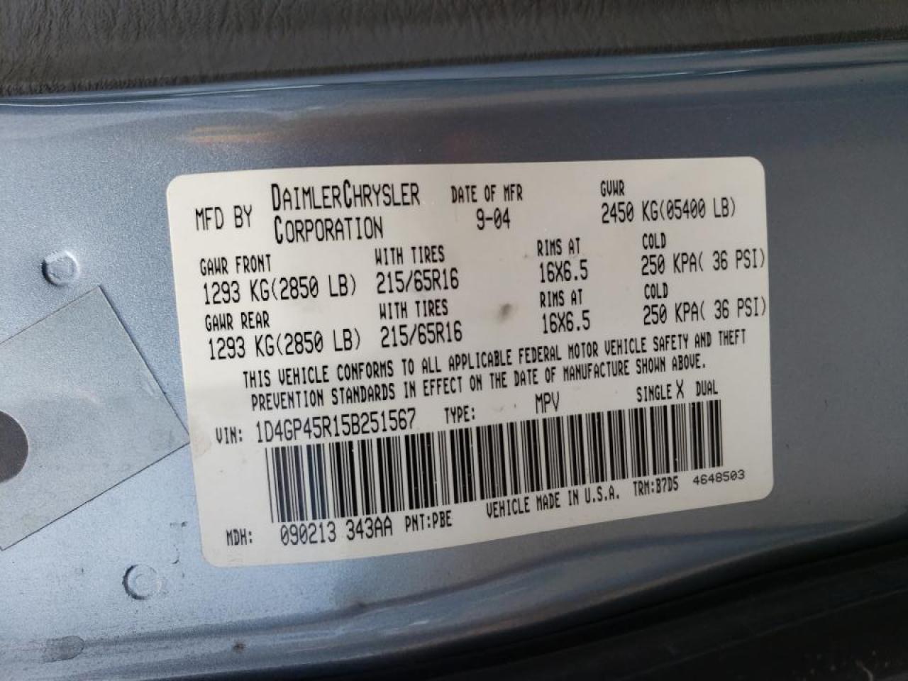 Photo 10 from auction – 2005 DODGE CARAVAN SX with VIN 1D4GP45R15B251567