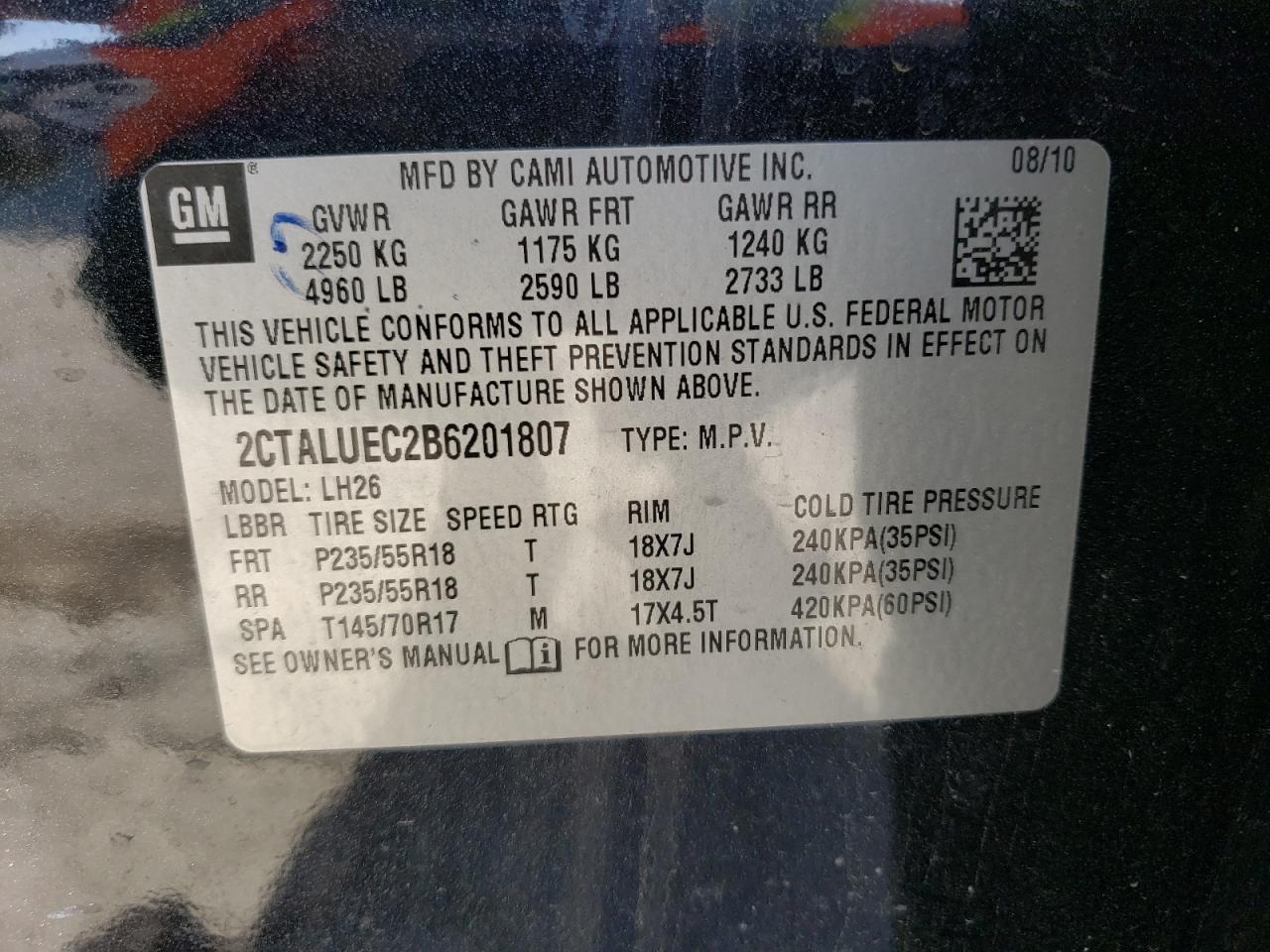 Photo 10 from auction – 2011 GMC TERRAIN SL with VIN 2CTALUEC2B6201807