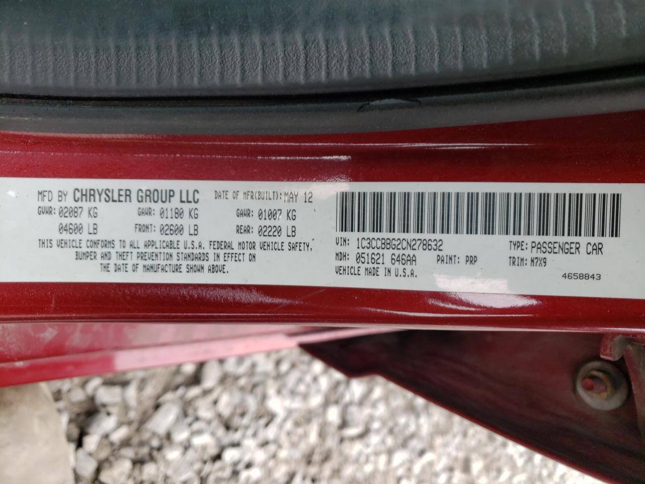 Photo 10 from auction – 2012 CHRYSLER 200 TOURIN with VIN 1C3CCBBG2CN278632