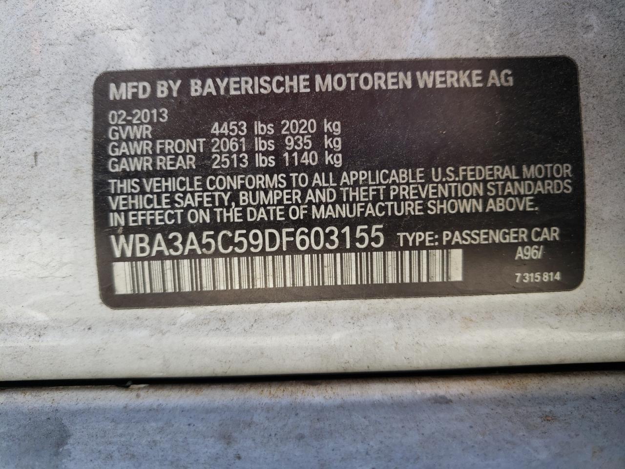 Photo 10 from auction – 2013 BMW 328 I with VIN WBA3A5C59DF603155