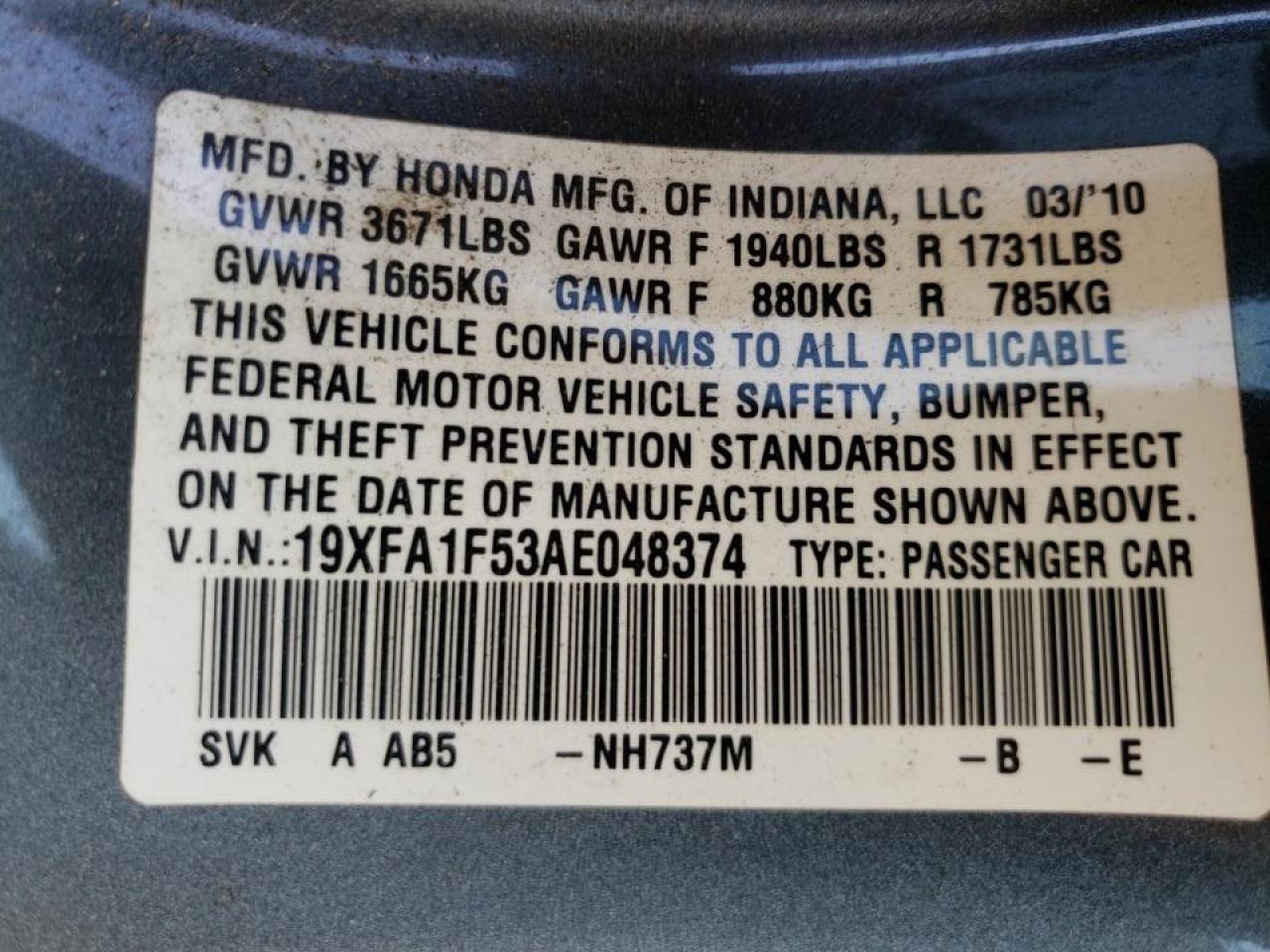 Photo 10 from auction – 2010 HONDA CIVIC LX with VIN 19XFA1F53AE048374
