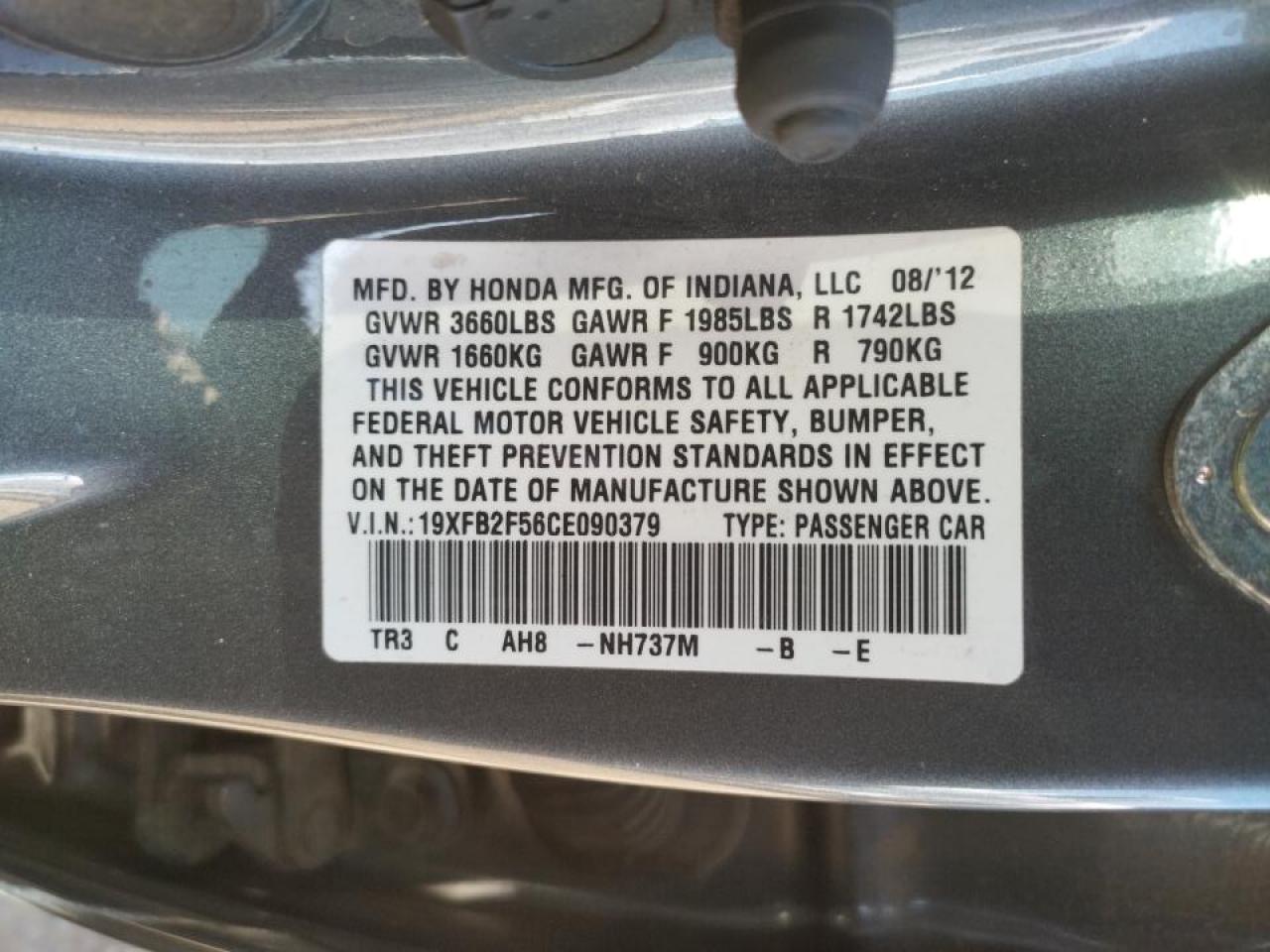 Photo 10 from auction – 2012 HONDA CIVIC LX with VIN 19XFB2F56CE090379