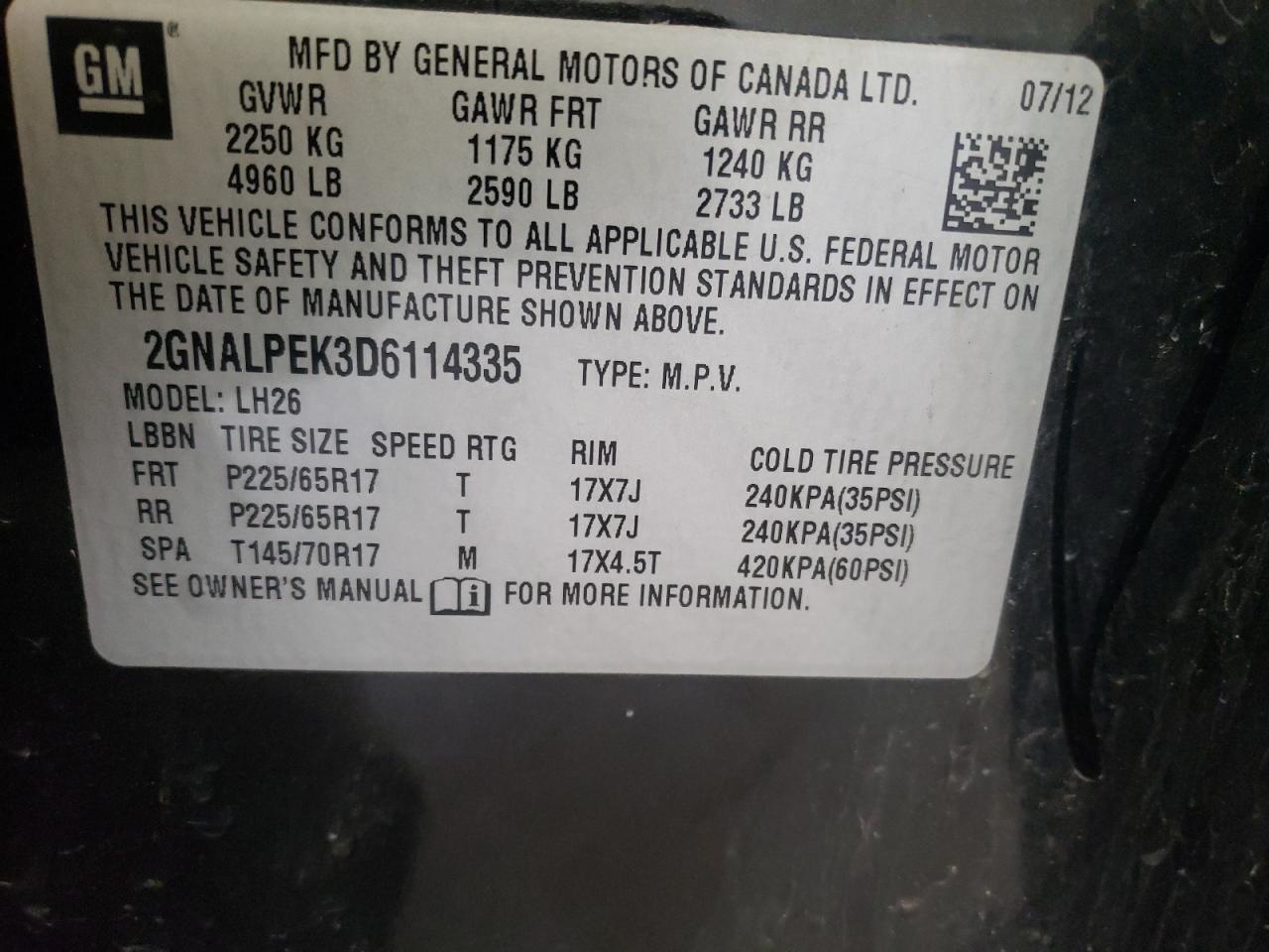 Photo 10 from auction – 2013 CHEVROLET EQUINOX LT with VIN 2GNALPEK3D6114335