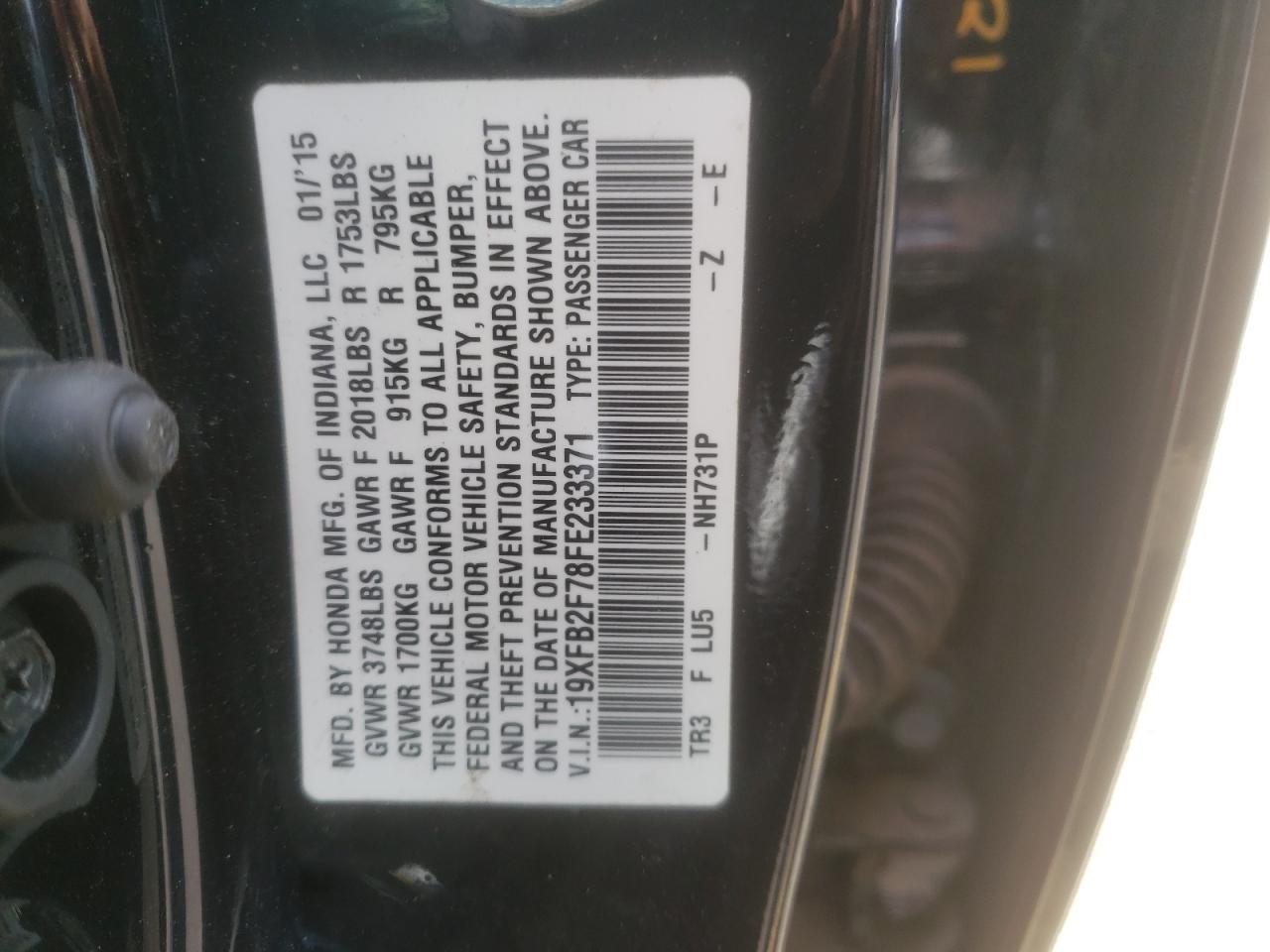 Photo 10 from auction – 2015 HONDA CIVIC SE with VIN 19XFB2F78FE233371