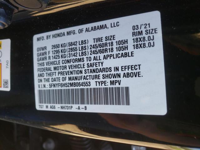 Photo 10 from auction – 2021 HONDA PILOT EXL with VIN 5FNYF6H52MB064553