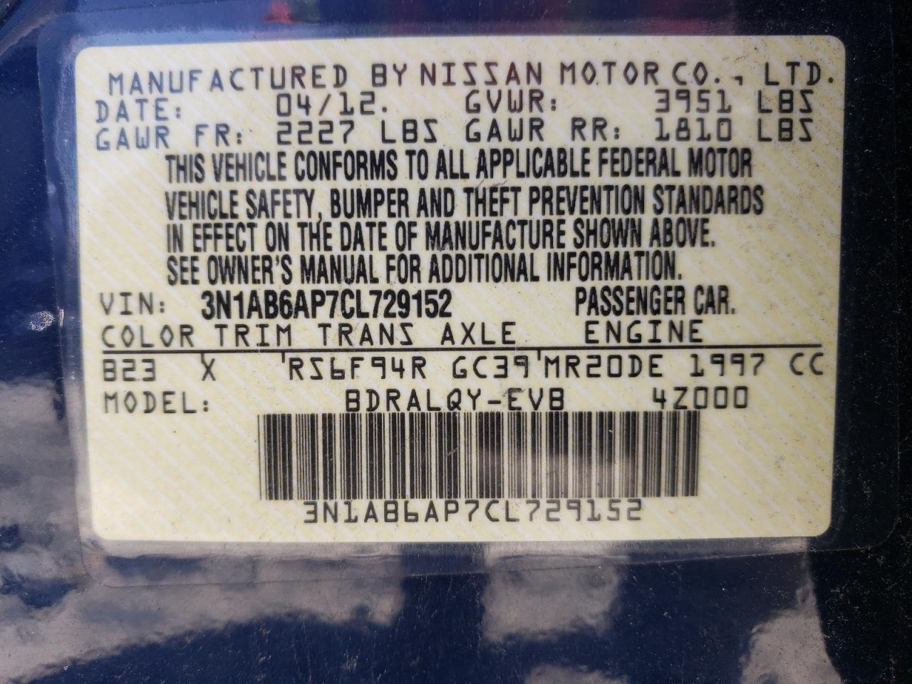 Photo 10 from auction – 2012 NISSAN SENTRA with VIN 3N1AB6AP7CL729152