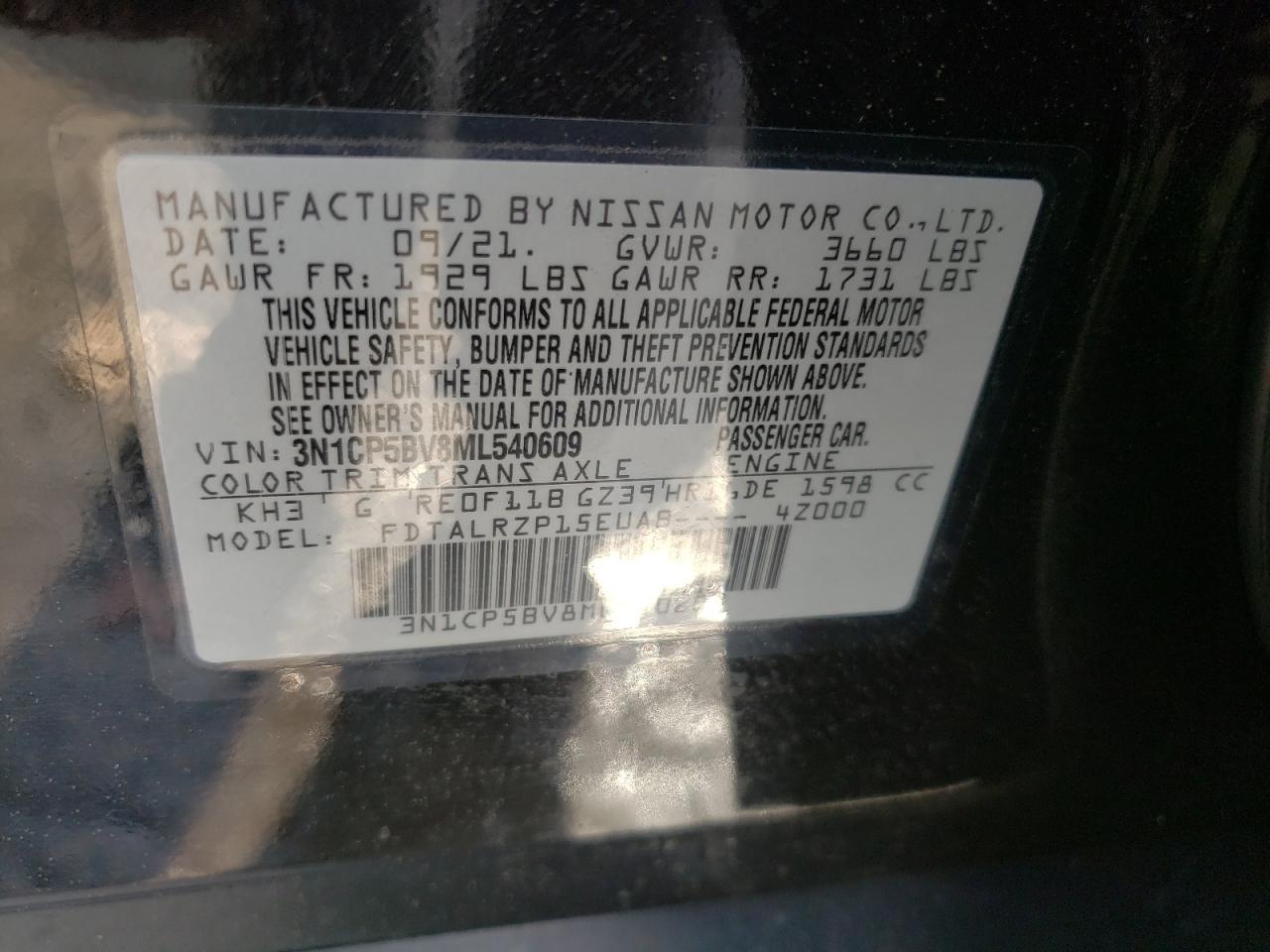 Photo 10 from auction – 2021 NISSAN KICKS S with VIN 3N1CP5BV8ML540609
