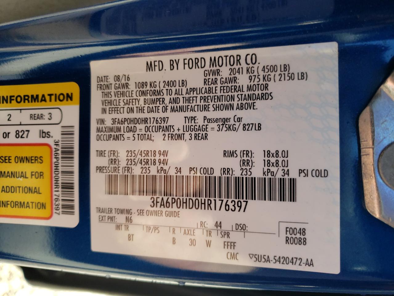 Photo 10 from auction – 2017 FORD FUSION SE with VIN 3FA6P0HD0HR176397