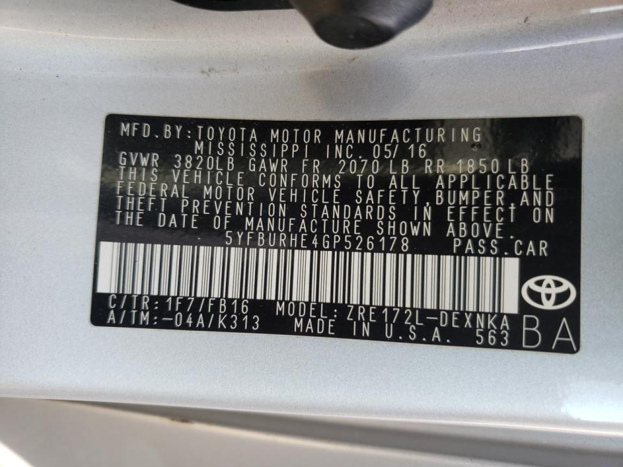 Photo 10 from auction – 2016 TOYOTA COROLLA L with VIN 5YFBURHE4GP526178