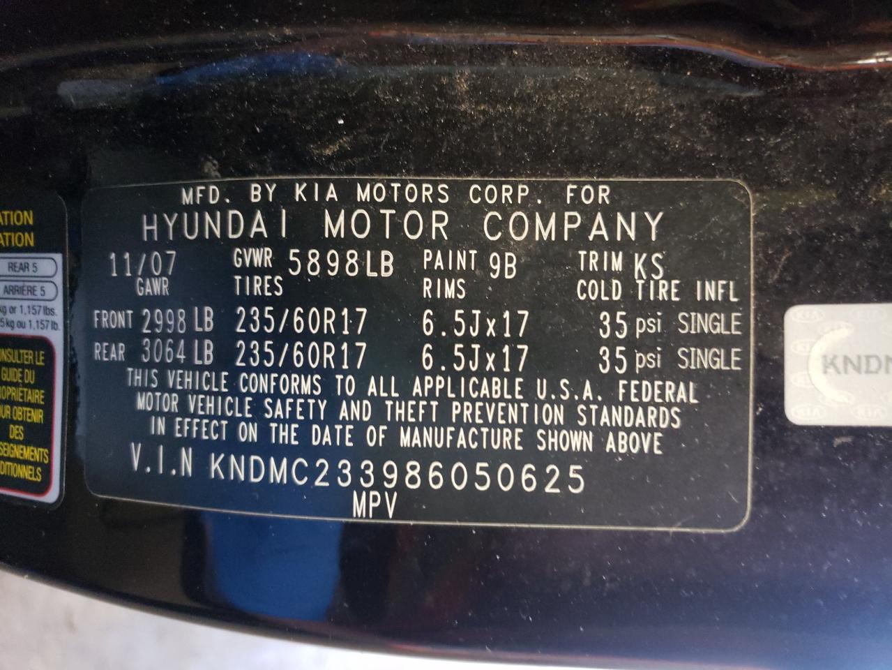 Photo 10 from auction – 2008 HYUNDAI ENTOURAGE with VIN KNDMC233986050625