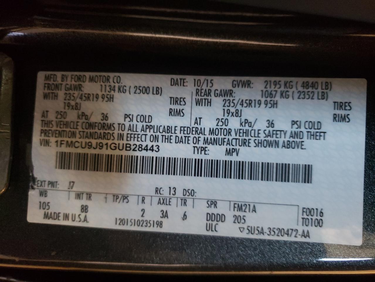 Zdjęcie 10 z aukcji – 2016 FORD ESCAPE TIT z VIN 1FMCU9J91GUB28443