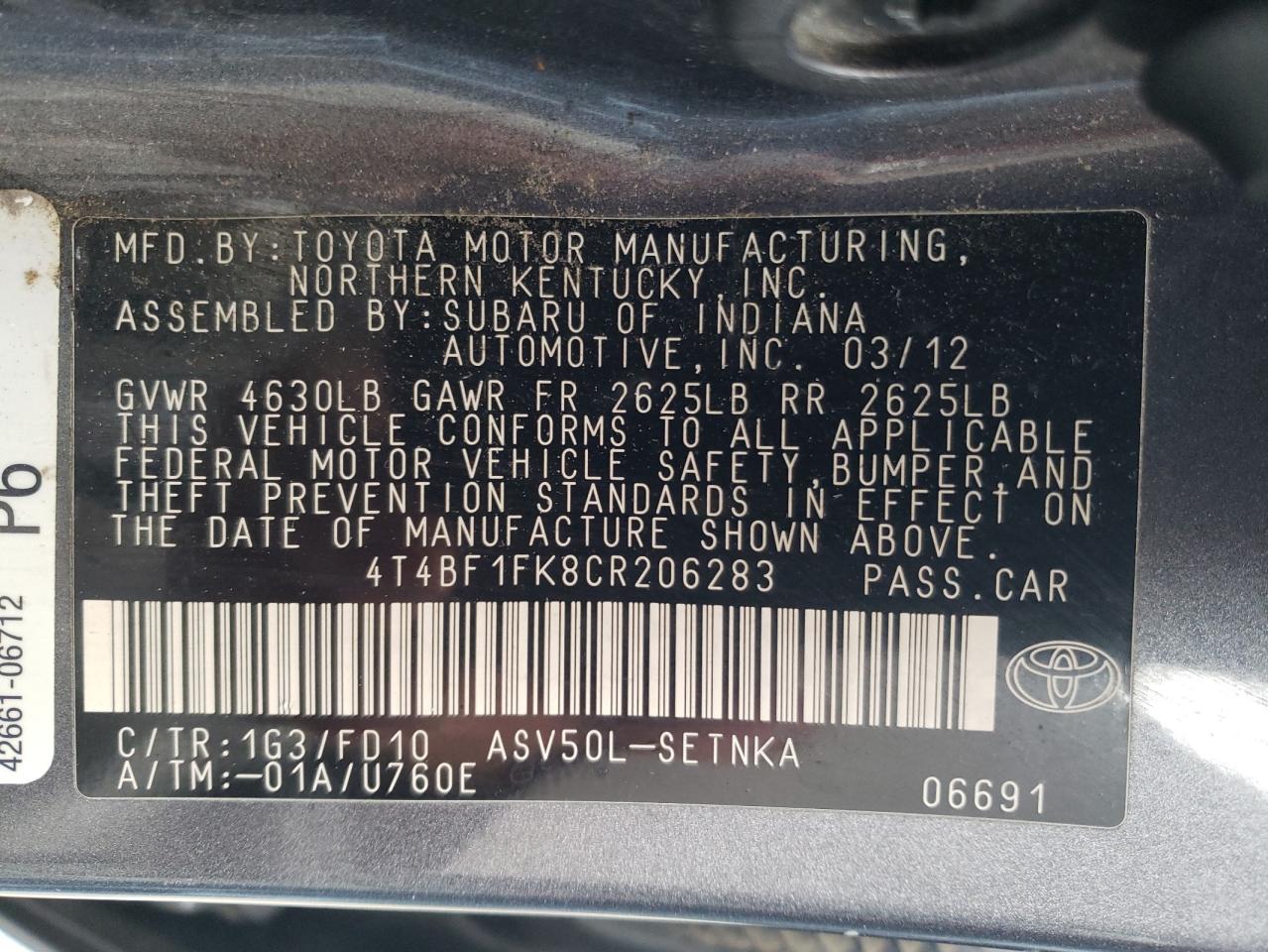 Photo 10 from auction – 2012 TOYOTA CAMRY BASE with VIN 4T4BF1FK8CR206283