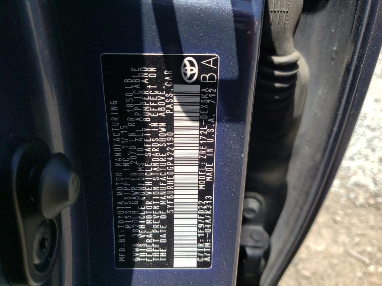 Photo 10 from auction – 2016 TOYOTA COROLLA L with VIN 5YFBURHE0GP422190