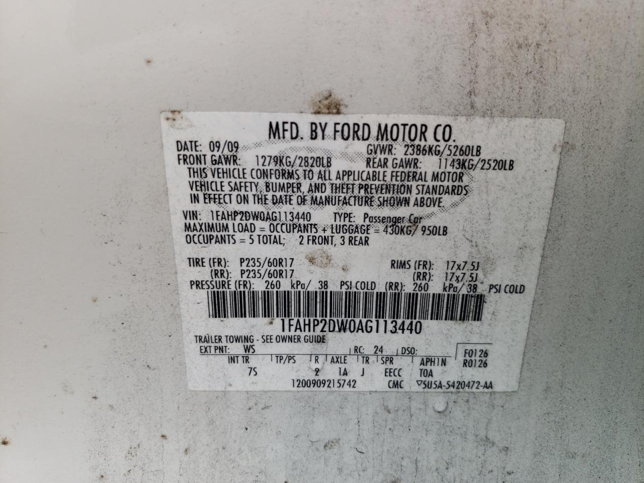 Photo 10 from auction – 2010 FORD TAURUS SE with VIN 1FAHP2DW0AG113440